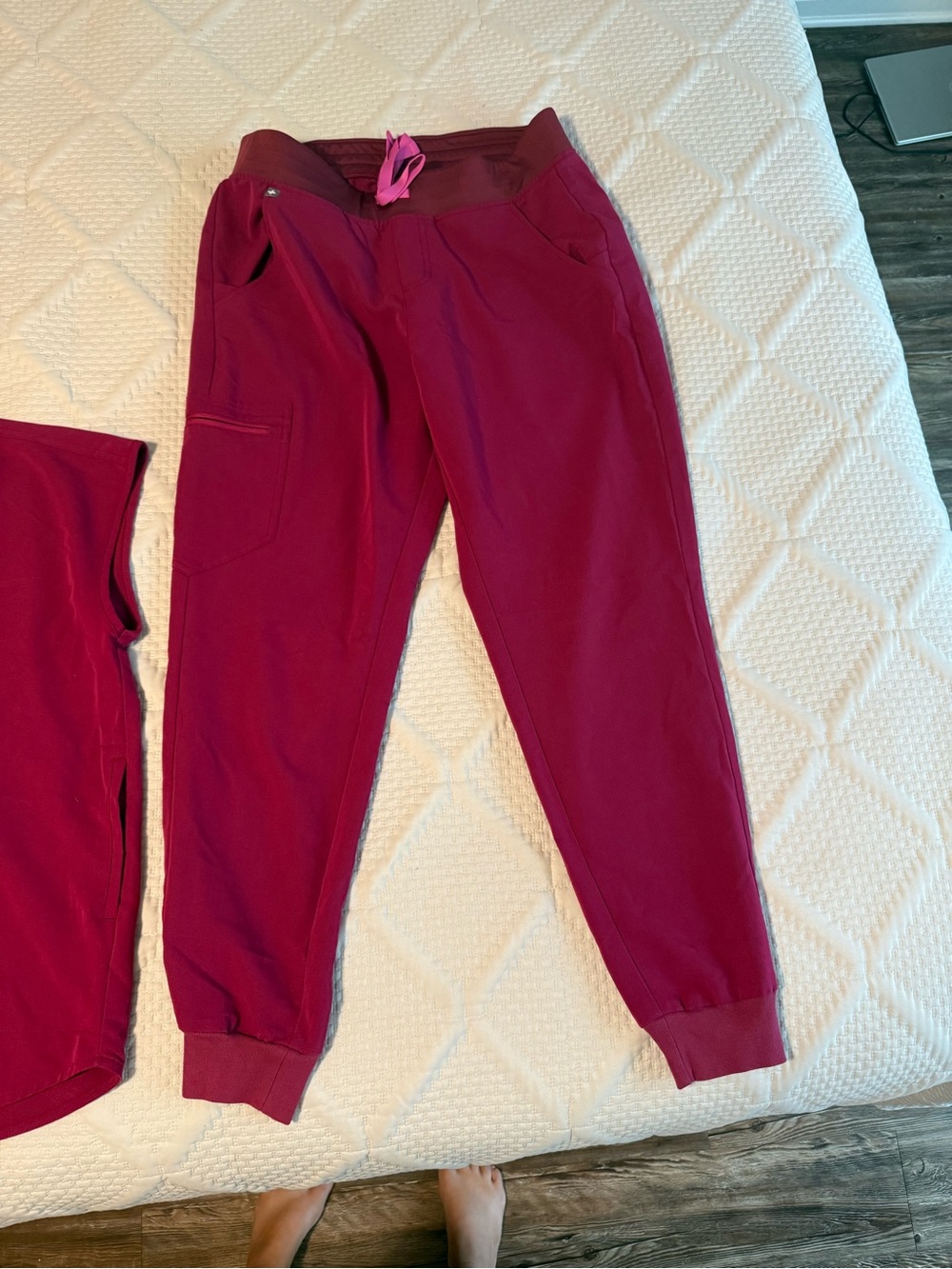 Figs Burgundy Track Jogger Pants with Pink Drawstring